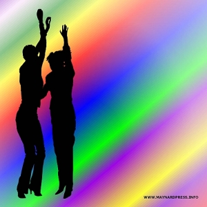 Girls dancing in a rainbow